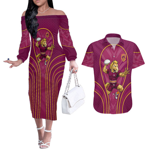 Brisbane Broncos Mascot Couples Matching Off The Shoulder Long Sleeve Dress and Hawaiian Shirt Australian Rugby Culture - Powerful Horse Athlete