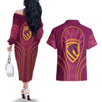 Brisbane Broncos Mascot Couples Matching Off The Shoulder Long Sleeve Dress and Hawaiian Shirt Australian Rugby Culture - Powerful Horse Athlete