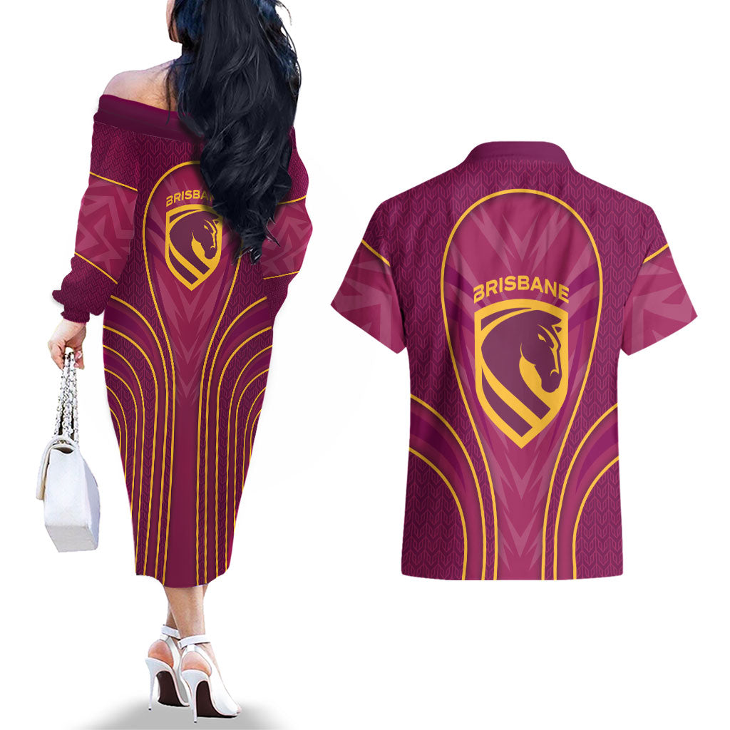 Brisbane Broncos Mascot Couples Matching Off The Shoulder Long Sleeve Dress and Hawaiian Shirt Australian Rugby Culture - Powerful Horse Athlete