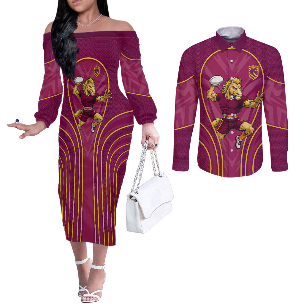 Brisbane Broncos Mascot Couples Matching Off The Shoulder Long Sleeve Dress and Long Sleeve Button Shirt Australian Rugby Culture - Powerful Horse Athlete
