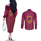 Brisbane Broncos Mascot Couples Matching Off The Shoulder Long Sleeve Dress and Long Sleeve Button Shirt Australian Rugby Culture - Powerful Horse Athlete