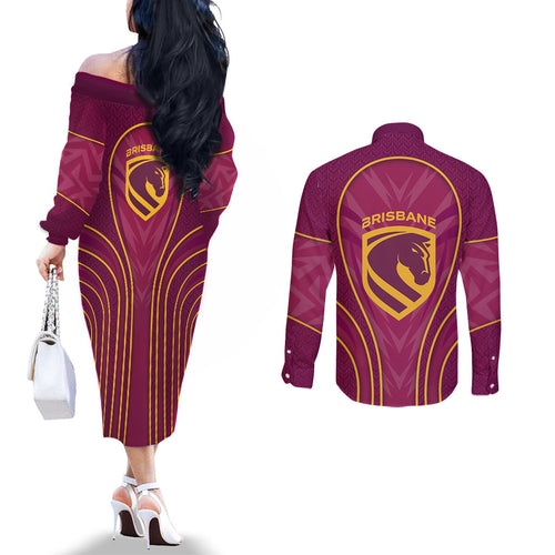 Brisbane Broncos Mascot Couples Matching Off The Shoulder Long Sleeve Dress and Long Sleeve Button Shirt Australian Rugby Culture - Powerful Horse Athlete