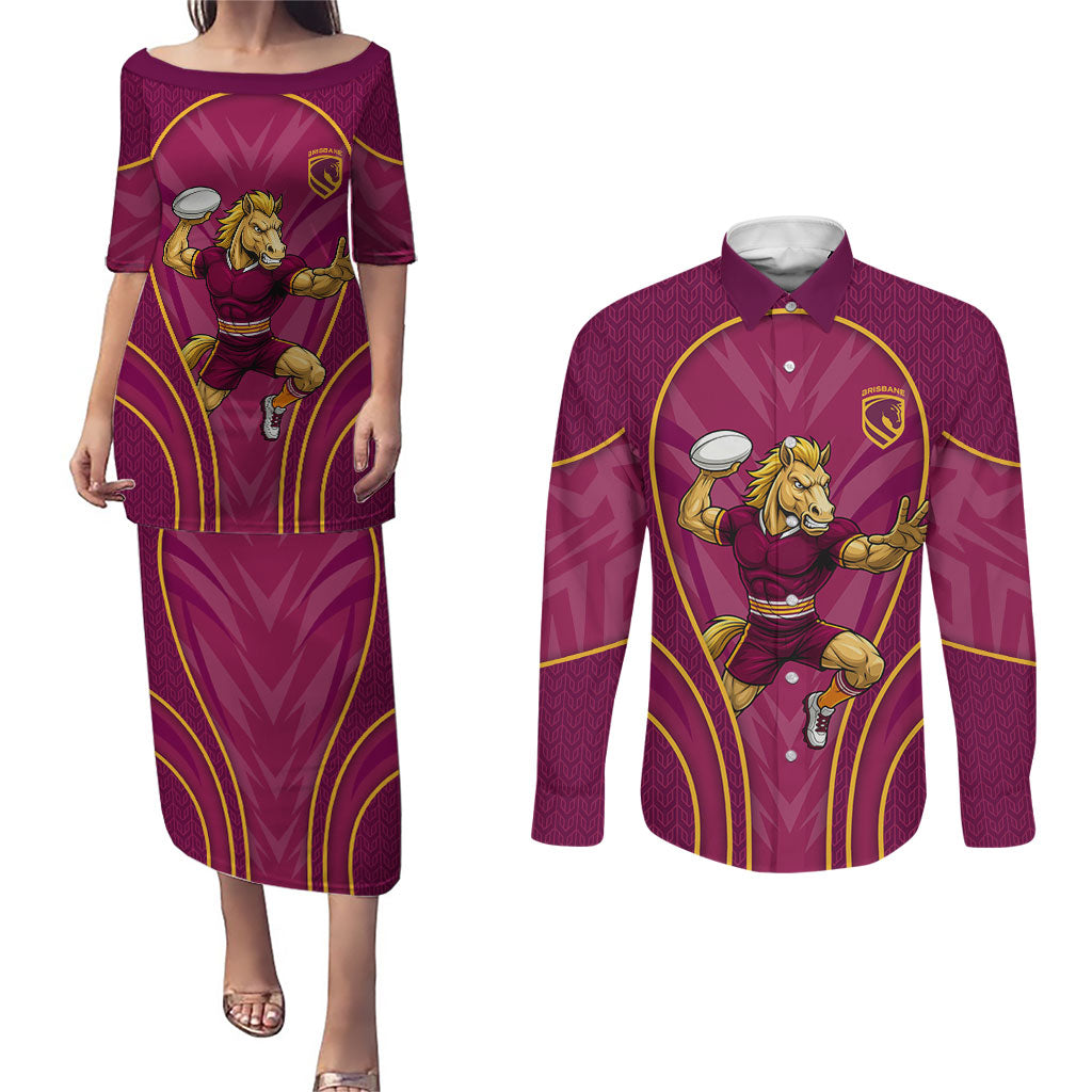 Brisbane Broncos Mascot Couples Matching Puletasi and Long Sleeve Button Shirt Australian Rugby Culture - Powerful Horse Athlete