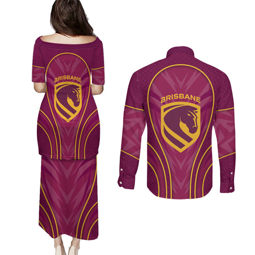 Brisbane Broncos Mascot Couples Matching Puletasi and Long Sleeve Button Shirt Australian Rugby Culture - Powerful Horse Athlete