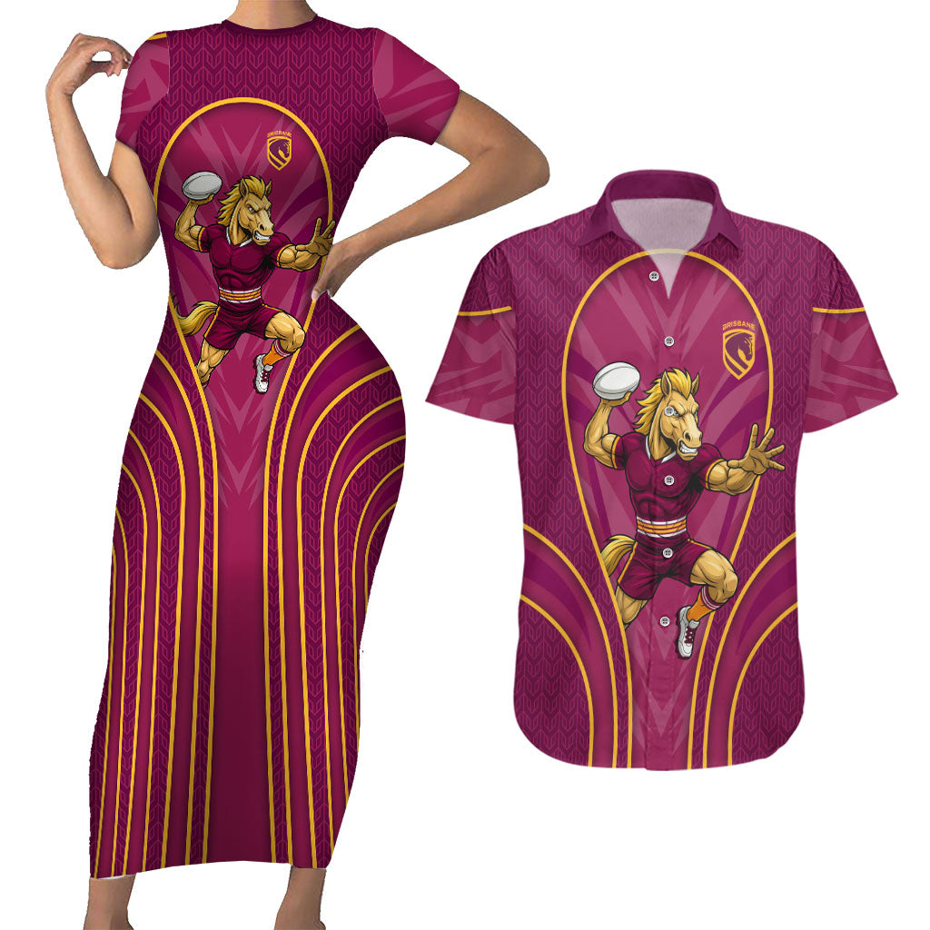 Brisbane Broncos Mascot Couples Matching Short Sleeve Bodycon Dress and Hawaiian Shirt Australian Rugby Culture - Powerful Horse Athlete
