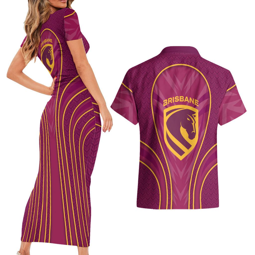 Brisbane Broncos Mascot Couples Matching Short Sleeve Bodycon Dress and Hawaiian Shirt Australian Rugby Culture - Powerful Horse Athlete