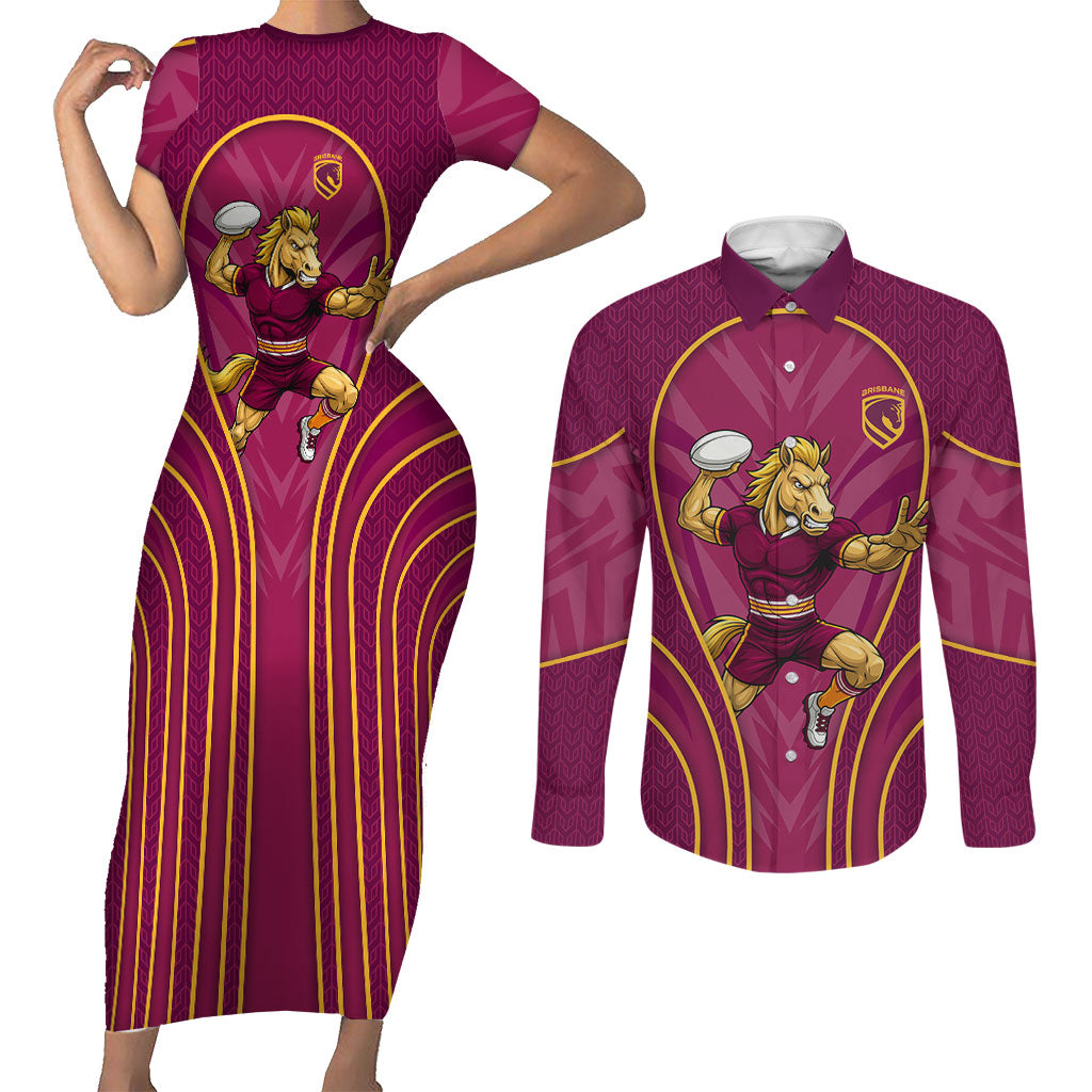 Brisbane Broncos Mascot Couples Matching Short Sleeve Bodycon Dress and Long Sleeve Button Shirt Australian Rugby Culture - Powerful Horse Athlete
