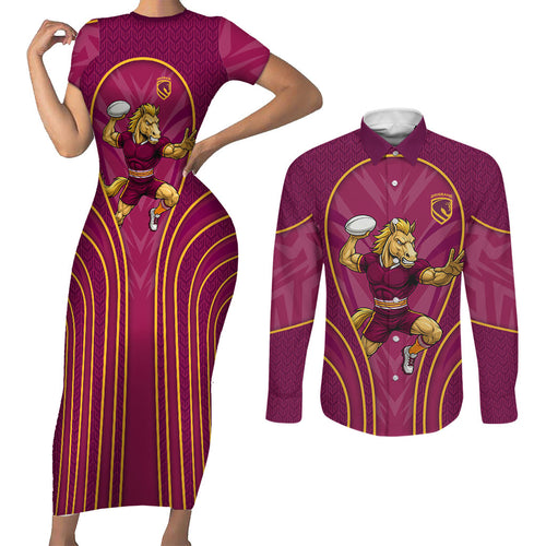 Brisbane Broncos Mascot Couples Matching Short Sleeve Bodycon Dress and Long Sleeve Button Shirt Australian Rugby Culture - Powerful Horse Athlete
