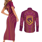 Brisbane Broncos Mascot Couples Matching Short Sleeve Bodycon Dress and Long Sleeve Button Shirt Australian Rugby Culture - Powerful Horse Athlete