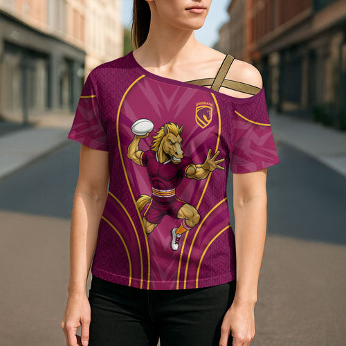 Brisbane Broncos Mascot Cross Shoulder Shirt Australian Rugby Culture - Powerful Horse Athlete