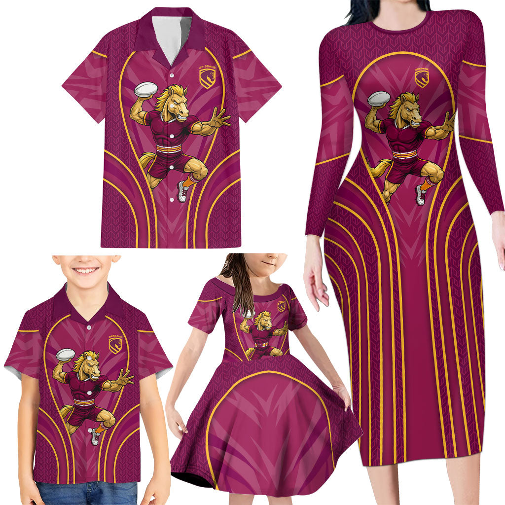 Brisbane Broncos Mascot Family Matching Long Sleeve Bodycon Dress and Hawaiian Shirt Australian Rugby Culture - Powerful Horse Athlete
