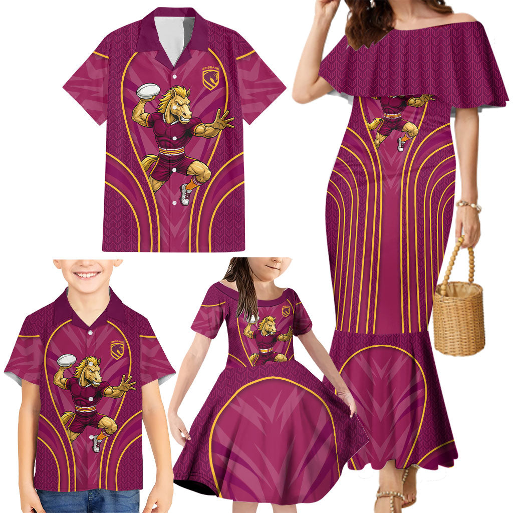 Brisbane Broncos Mascot Family Matching Mermaid Dress and Hawaiian Shirt Australian Rugby Culture - Powerful Horse Athlete