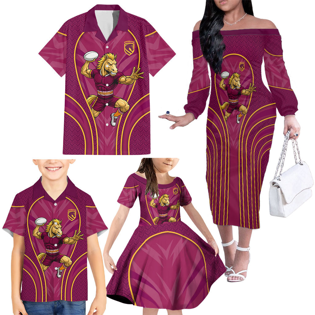 Brisbane Broncos Mascot Family Matching Off The Shoulder Long Sleeve Dress and Hawaiian Shirt Australian Rugby Culture - Powerful Horse Athlete