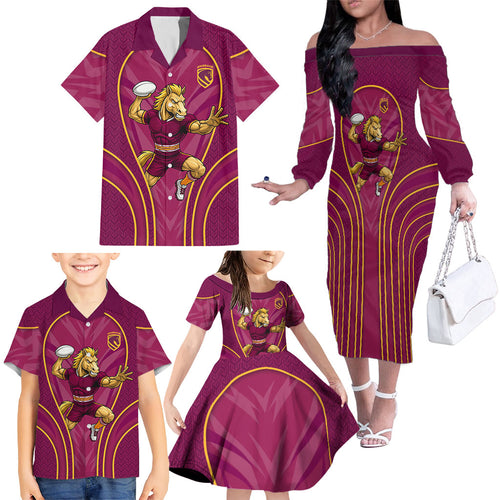 Brisbane Broncos Mascot Family Matching Off The Shoulder Long Sleeve Dress and Hawaiian Shirt Australian Rugby Culture - Powerful Horse Athlete