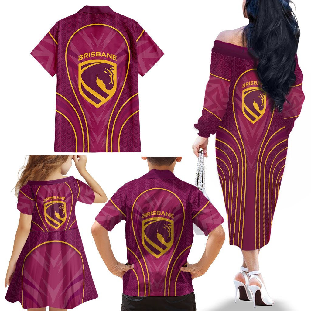 Brisbane Broncos Mascot Family Matching Off The Shoulder Long Sleeve Dress and Hawaiian Shirt Australian Rugby Culture - Powerful Horse Athlete