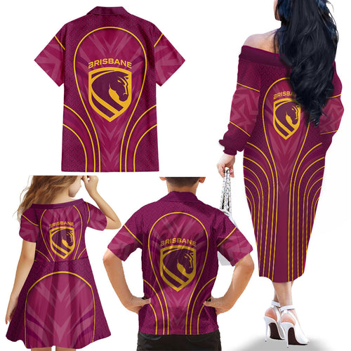 Brisbane Broncos Mascot Family Matching Off The Shoulder Long Sleeve Dress and Hawaiian Shirt Australian Rugby Culture - Powerful Horse Athlete