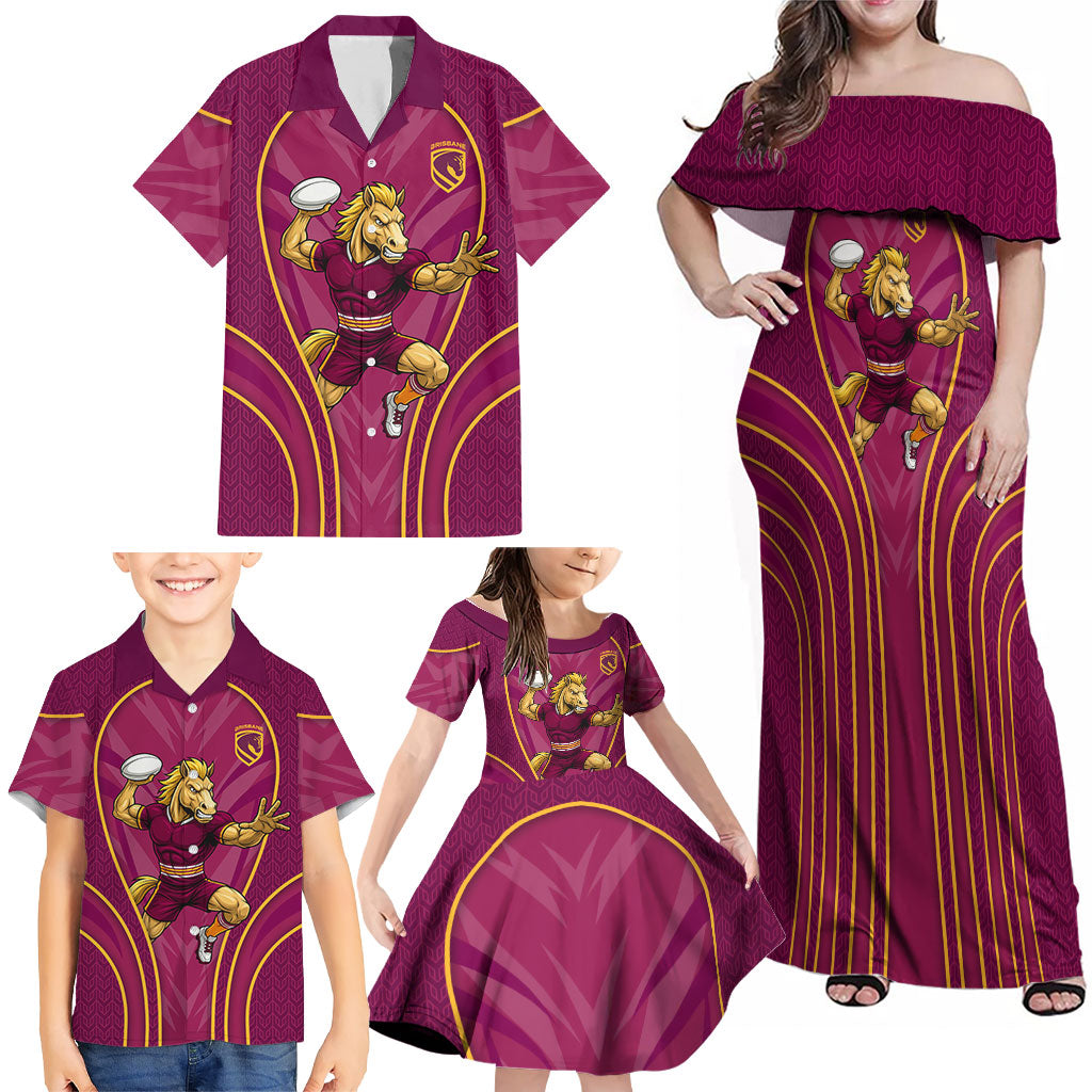 Brisbane Broncos Mascot Family Matching Off Shoulder Maxi Dress and Hawaiian Shirt Australian Rugby Culture - Powerful Horse Athlete