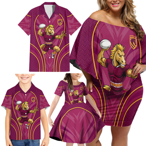 Brisbane Broncos Mascot Family Matching Off Shoulder Short Dress and Hawaiian Shirt Australian Rugby Culture - Powerful Horse Athlete
