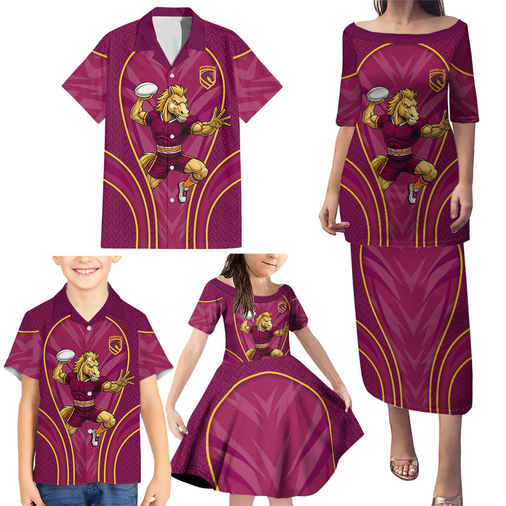 Brisbane Broncos Mascot Family Matching Puletasi and Hawaiian Shirt Australian Rugby Culture - Powerful Horse Athlete