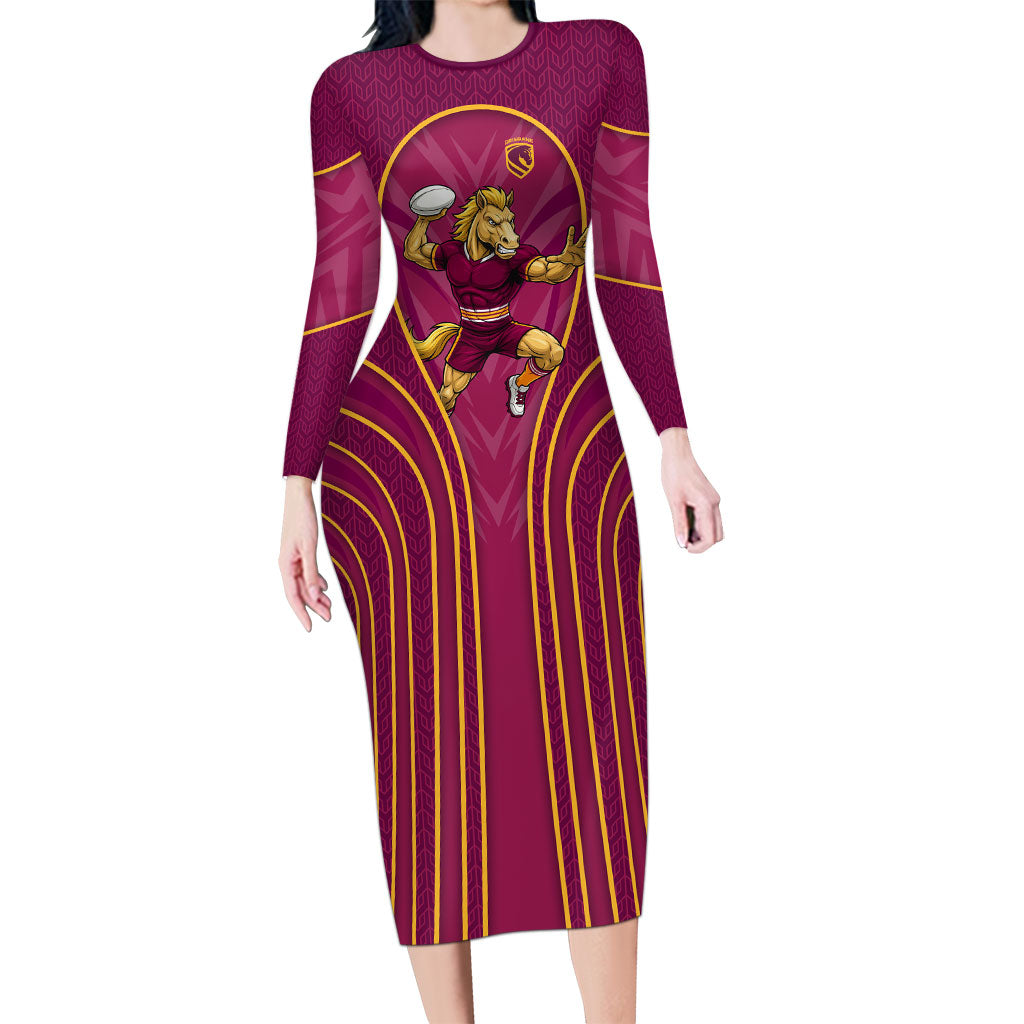 Brisbane Broncos Mascot Long Sleeve Bodycon Dress Australian Rugby Culture - Powerful Horse Athlete