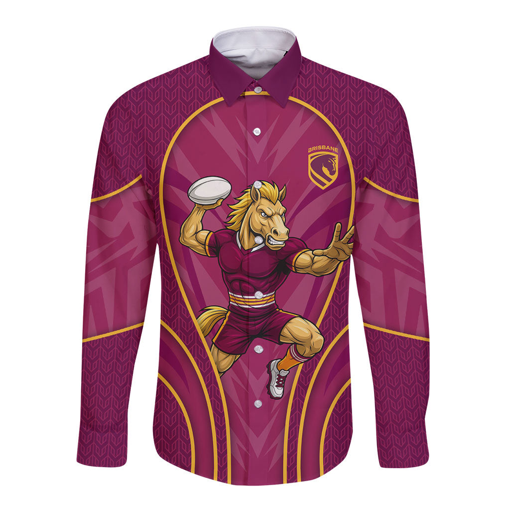 Brisbane Broncos Mascot Long Sleeve Button Shirt Australian Rugby Culture - Powerful Horse Athlete
