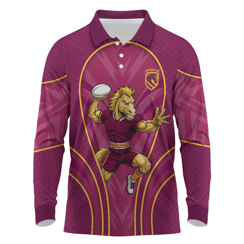 Brisbane Broncos Mascot Long Sleeve Polo Shirt Australian Rugby Culture - Powerful Horse Athlete