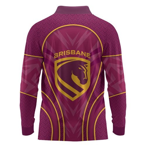 Brisbane Broncos Mascot Long Sleeve Polo Shirt Australian Rugby Culture - Powerful Horse Athlete