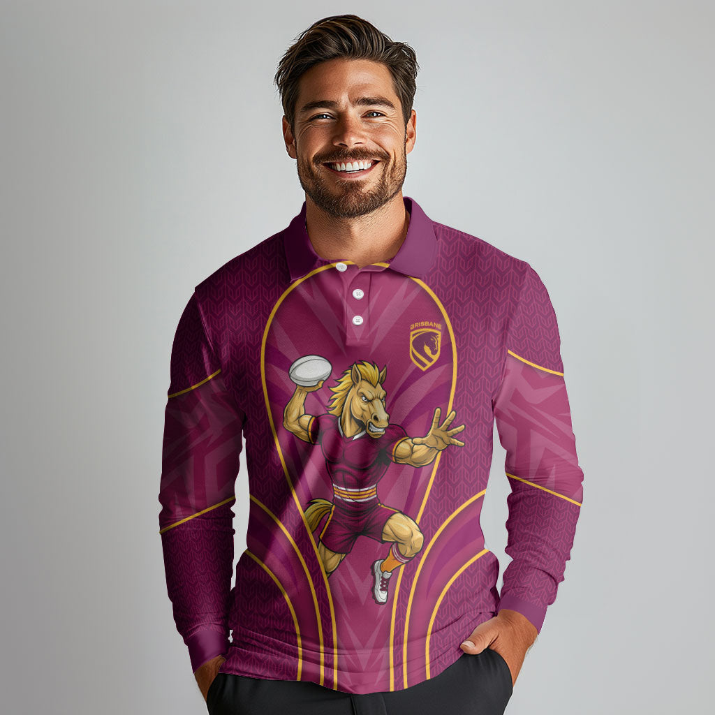 Brisbane Broncos Mascot Long Sleeve Polo Shirt Australian Rugby Culture - Powerful Horse Athlete
