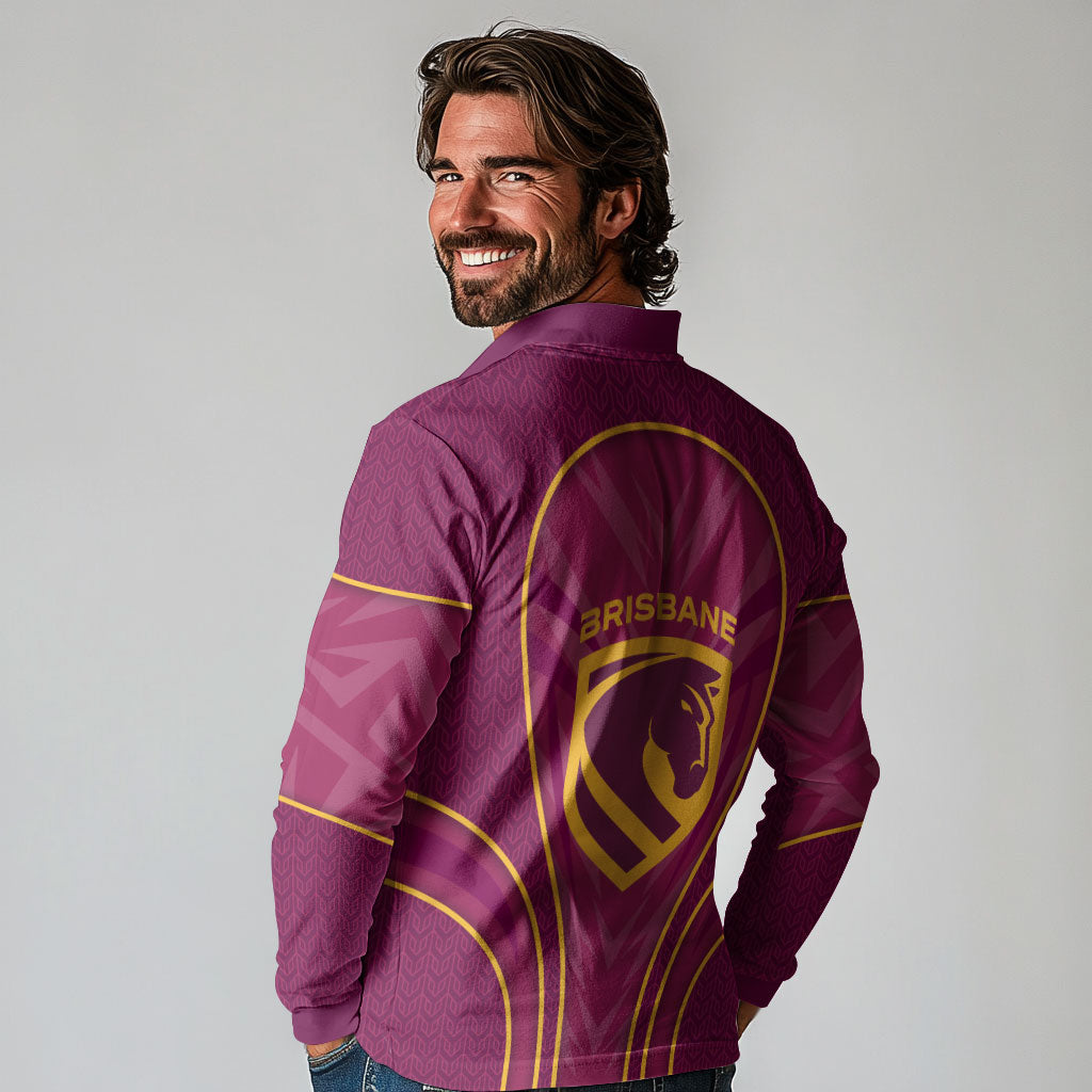 Brisbane Broncos Mascot Long Sleeve Polo Shirt Australian Rugby Culture - Powerful Horse Athlete