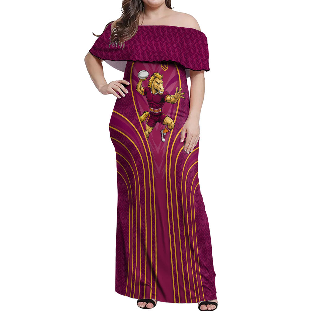 Brisbane Broncos Mascot Off Shoulder Maxi Dress Australian Rugby Culture - Powerful Horse Athlete