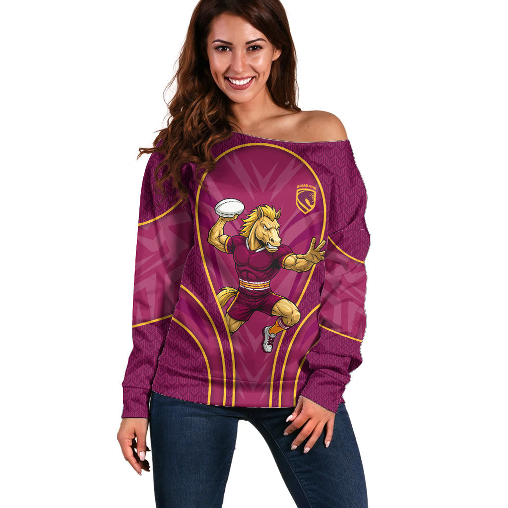 Brisbane Broncos Mascot Off Shoulder Sweater Australian Rugby Culture - Powerful Horse Athlete