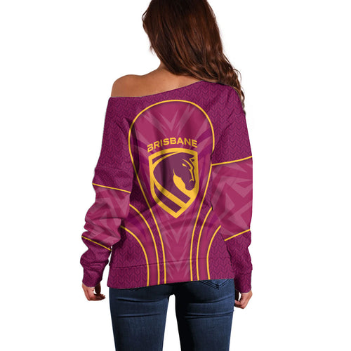 Brisbane Broncos Mascot Off Shoulder Sweater Australian Rugby Culture - Powerful Horse Athlete
