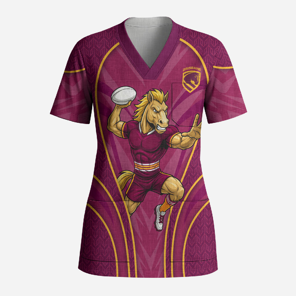 Brisbane Broncos Mascot Scrub Top Australian Rugby Culture - Powerful Horse Athlete