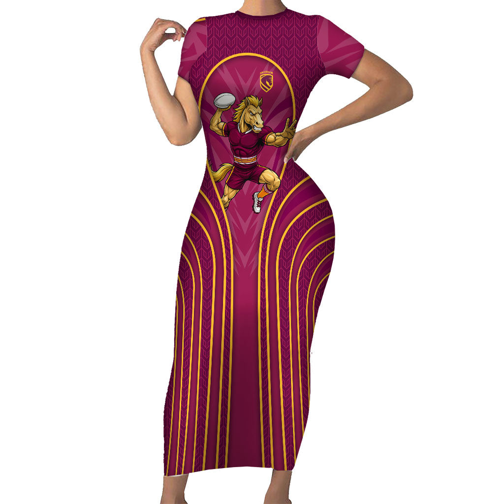 Brisbane Broncos Mascot Short Sleeve Bodycon Dress Australian Rugby Culture - Powerful Horse Athlete
