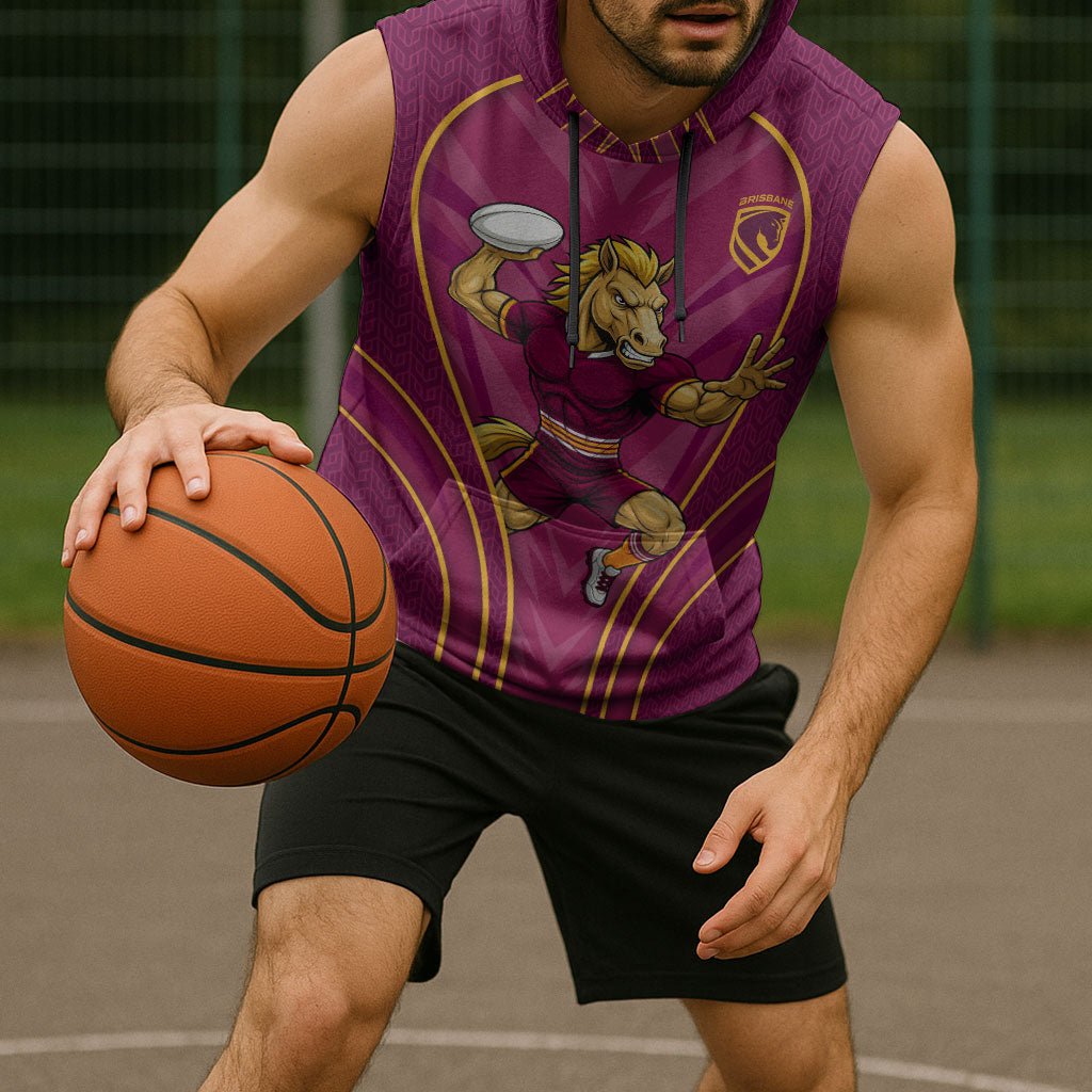 Brisbane Broncos Mascot Sleeveless Hoodie Australian Rugby Culture - Powerful Horse Athlete
