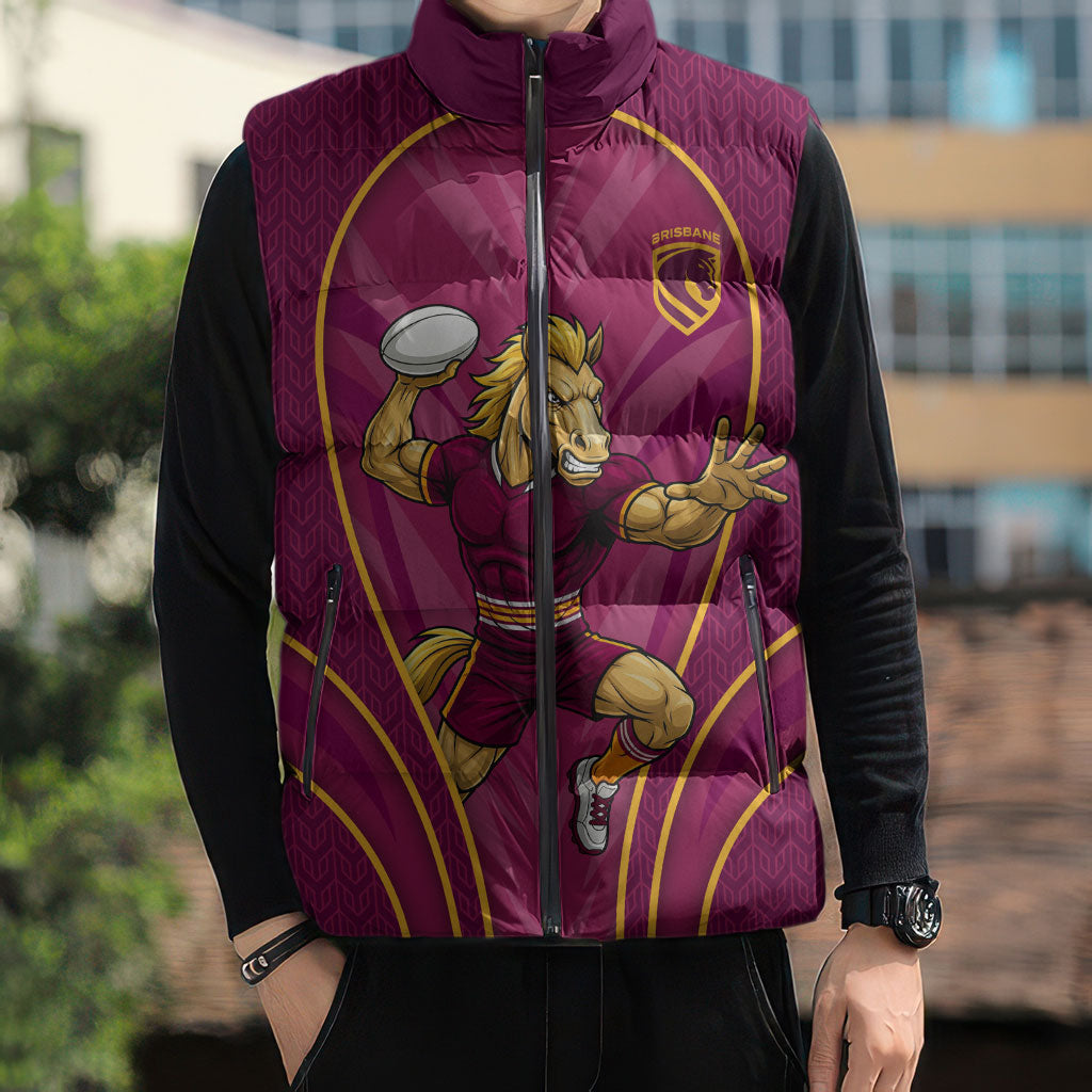 Brisbane Broncos Mascot Sleeveless Puffer Jacket Australian Rugby Culture - Powerful Horse Athlete