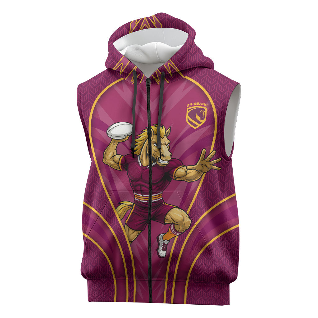 Brisbane Broncos Mascot Sleeveless Zip Hoodie Australian Rugby Culture - Powerful Horse Athlete