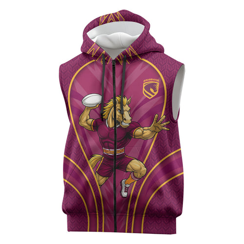Brisbane Broncos Mascot Sleeveless Zip Hoodie Australian Rugby Culture - Powerful Horse Athlete