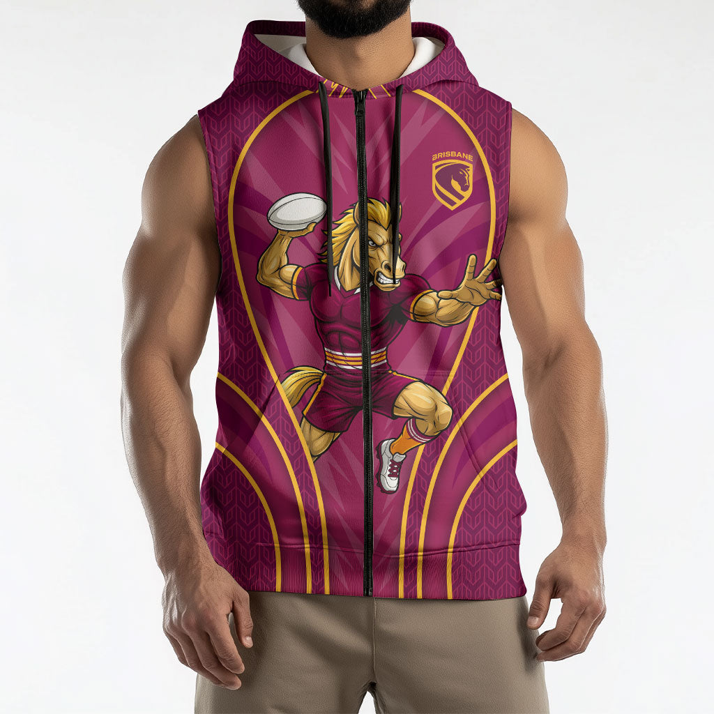 Brisbane Broncos Mascot Sleeveless Zip Hoodie Australian Rugby Culture - Powerful Horse Athlete