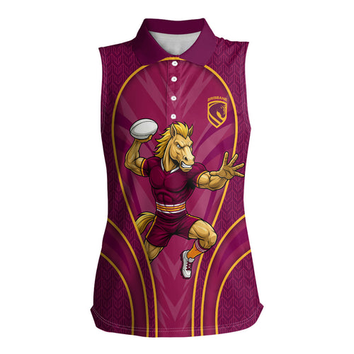 Brisbane Broncos Mascot Women Sleeveless Polo Shirt Australian Rugby Culture - Powerful Horse Athlete