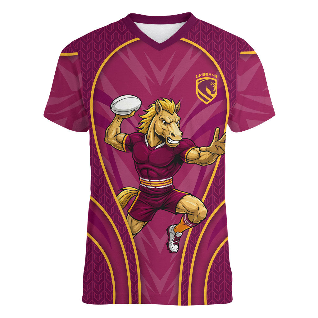 Brisbane Broncos Mascot Women V-Neck T-Shirt Australian Rugby Culture - Powerful Horse Athlete
