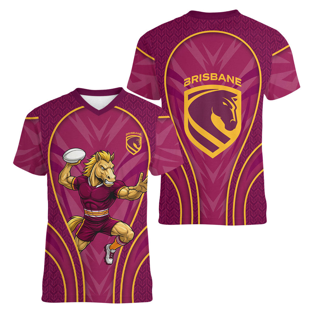 Brisbane Broncos Mascot Women V-Neck T-Shirt Australian Rugby Culture - Powerful Horse Athlete