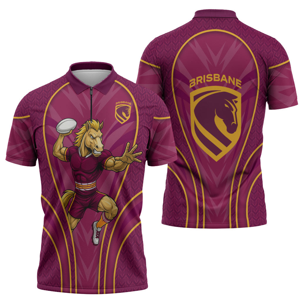 Brisbane Broncos Mascot Zipper Polo Shirt Australian Rugby Culture - Powerful Horse Athlete