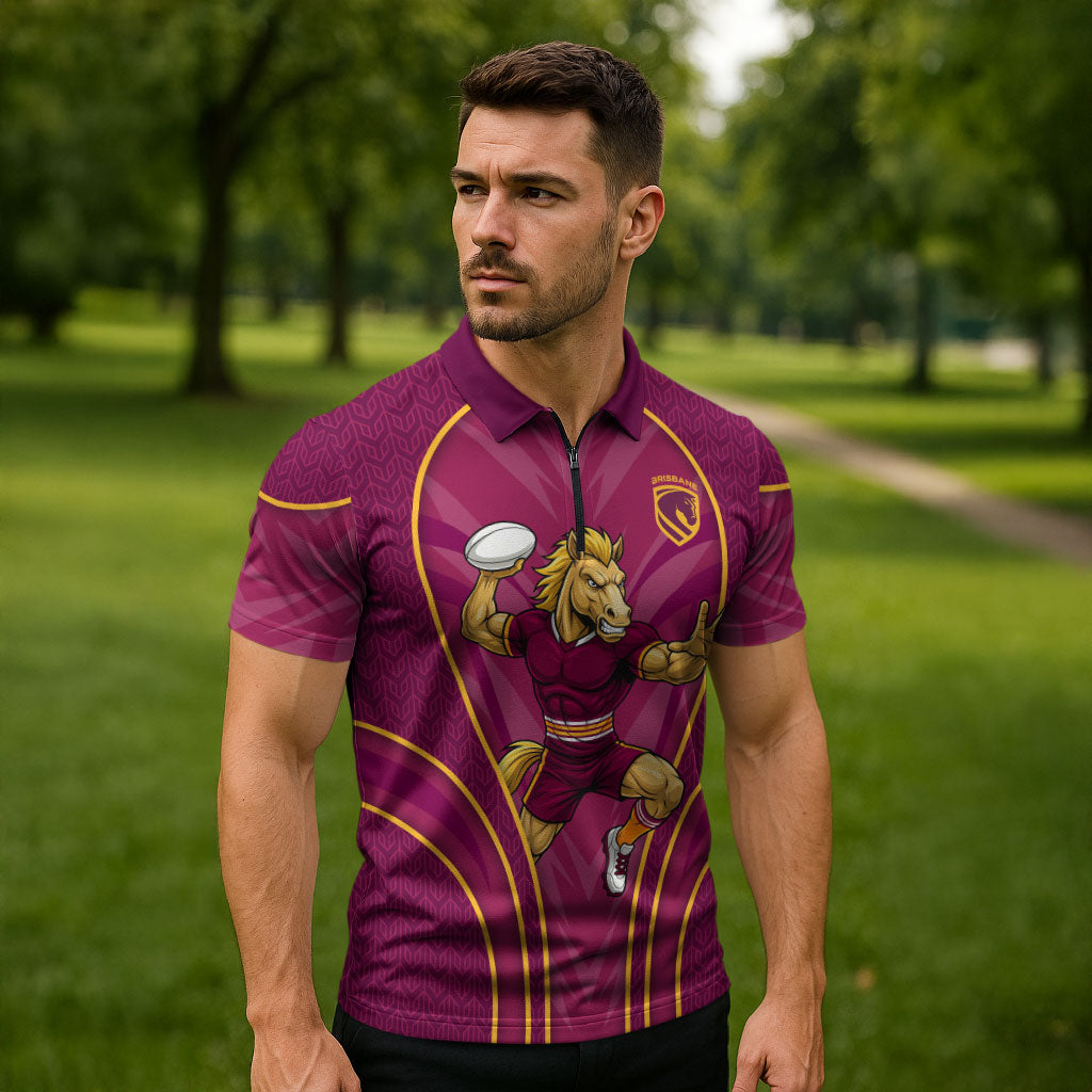 Brisbane Broncos Mascot Zipper Polo Shirt Australian Rugby Culture - Powerful Horse Athlete