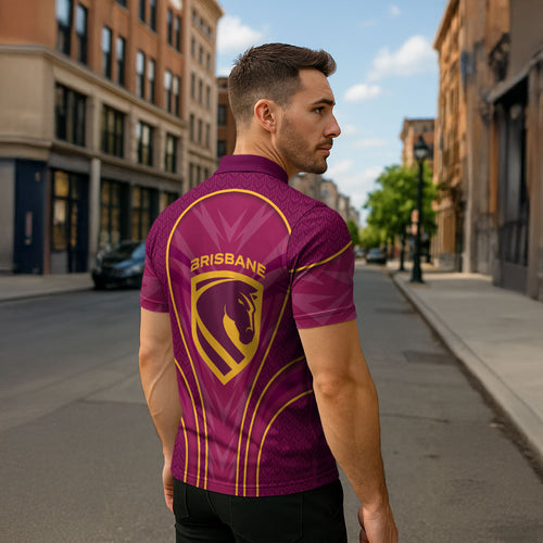 Brisbane Broncos Mascot Zipper Polo Shirt Australian Rugby Culture - Powerful Horse Athlete