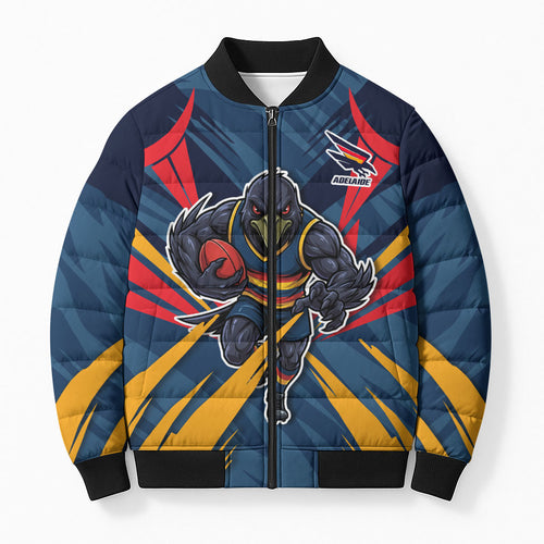 Adelaide Crows Australian Football Bomber Puffer Jacket Muscular Mascot Graphic - Bold Team Colors