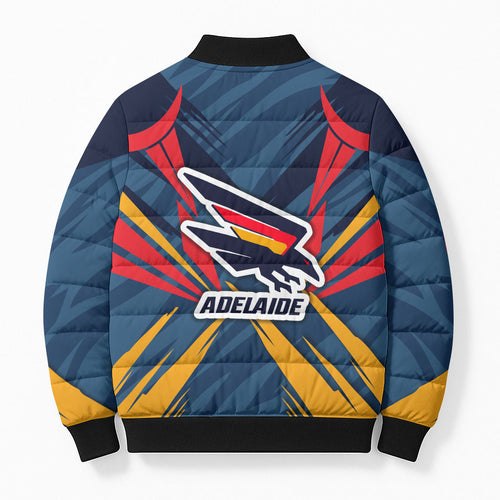 Adelaide Crows Australian Football Bomber Puffer Jacket Muscular Mascot Graphic - Bold Team Colors