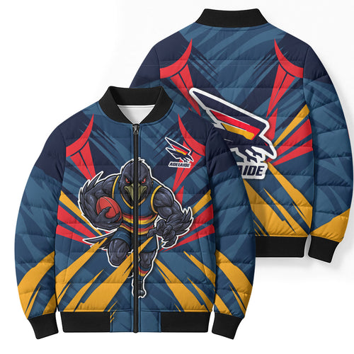 Adelaide Crows Australian Football Bomber Puffer Jacket Muscular Mascot Graphic - Bold Team Colors