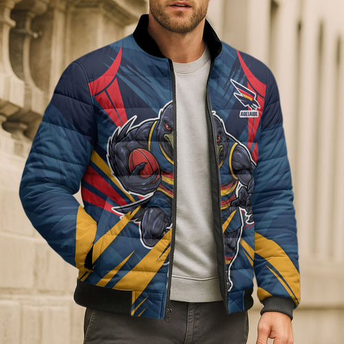 Adelaide Crows Australian Football Bomber Puffer Jacket Muscular Mascot Graphic - Bold Team Colors