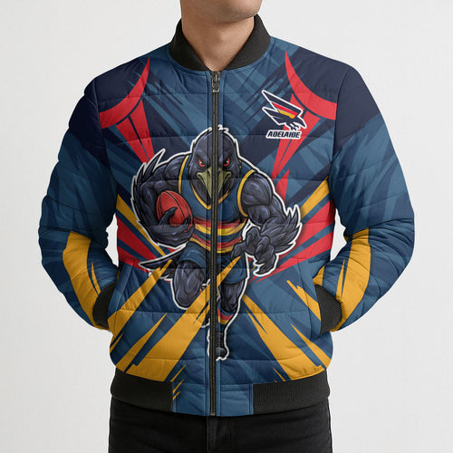 Adelaide Crows Australian Football Bomber Puffer Jacket Muscular Mascot Graphic - Bold Team Colors